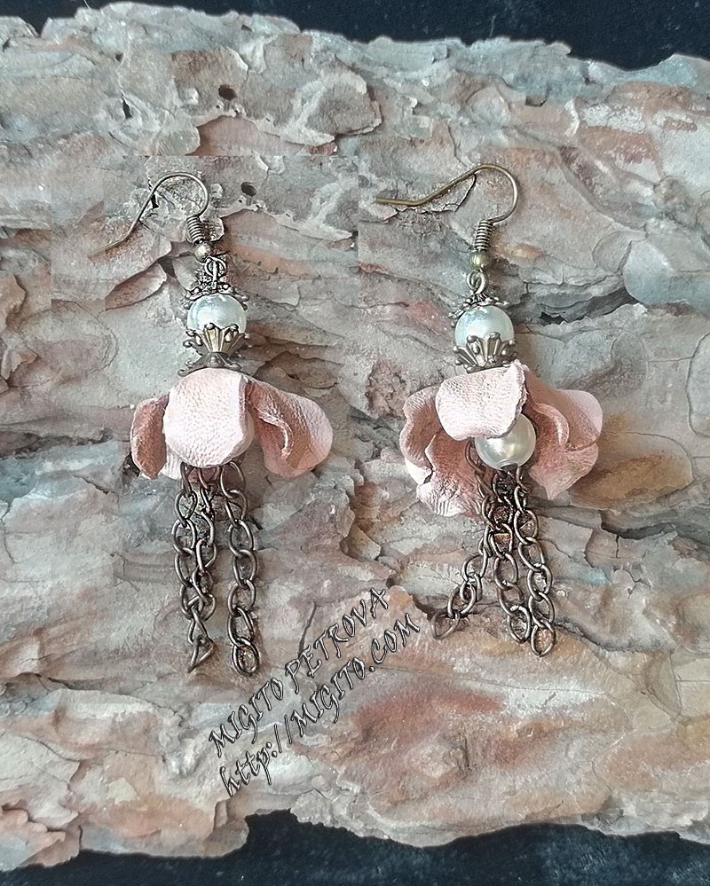 Ръчно изработени обеци от кожа розови с перли