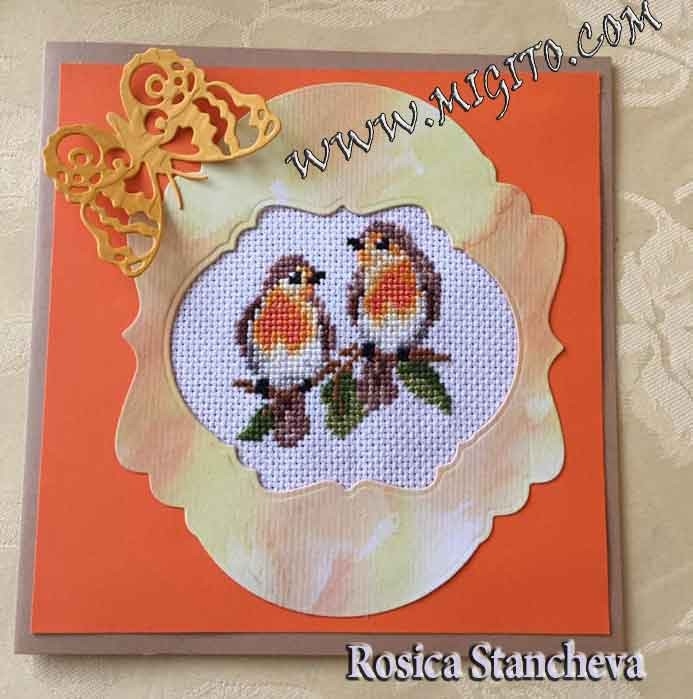 Ръчно изработена бродирана картичка с птички